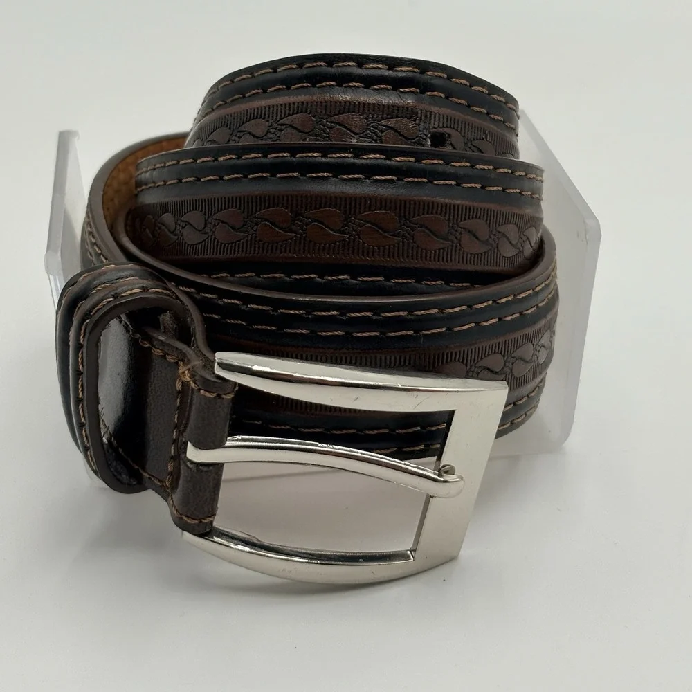 GOLD COAST Embossed Brown Leather Belt Silver Buckle Mens Western Paws 38 XL